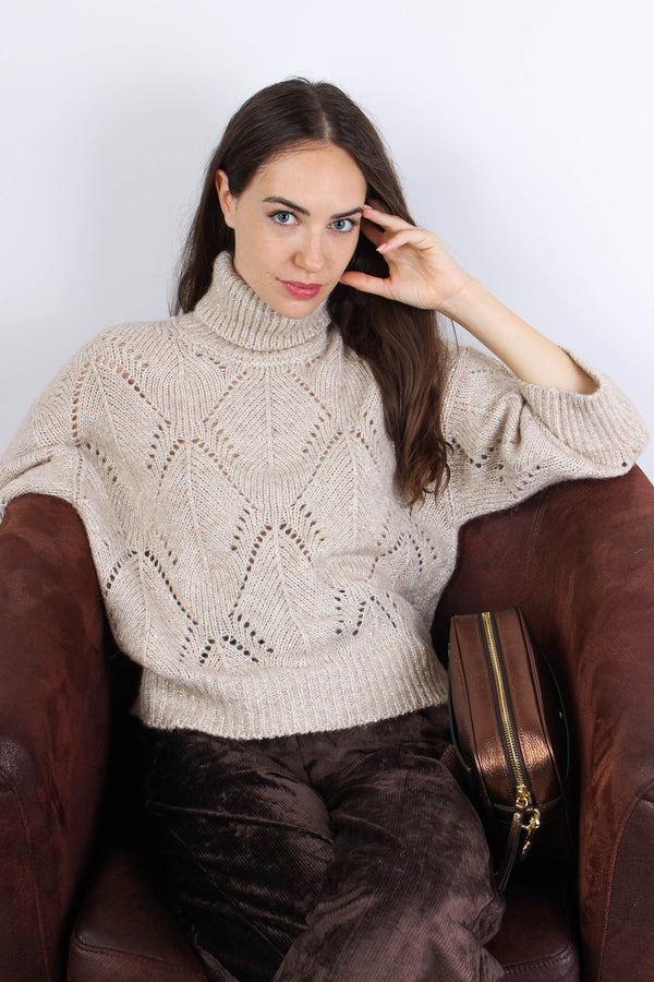 Maglia Collo Alto Traforata Panna