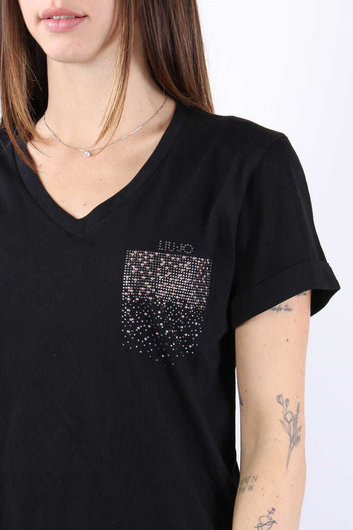 T-shirt Scollo V Taschino Stra Nero/strass-6