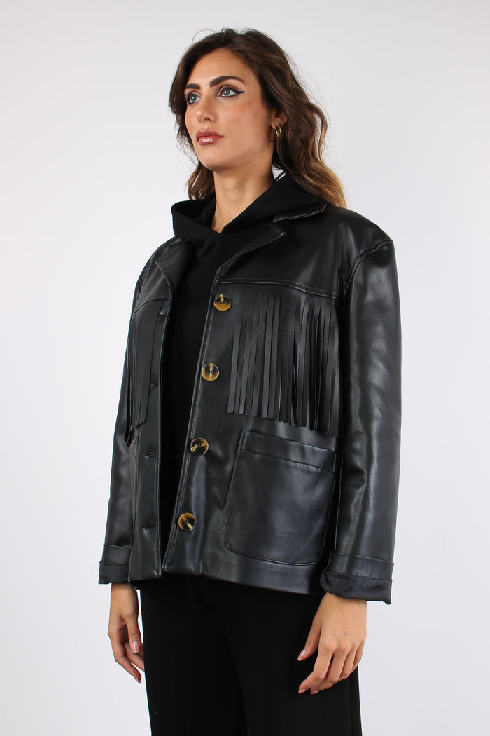 Giacca Ecopelle Frange Nero-6