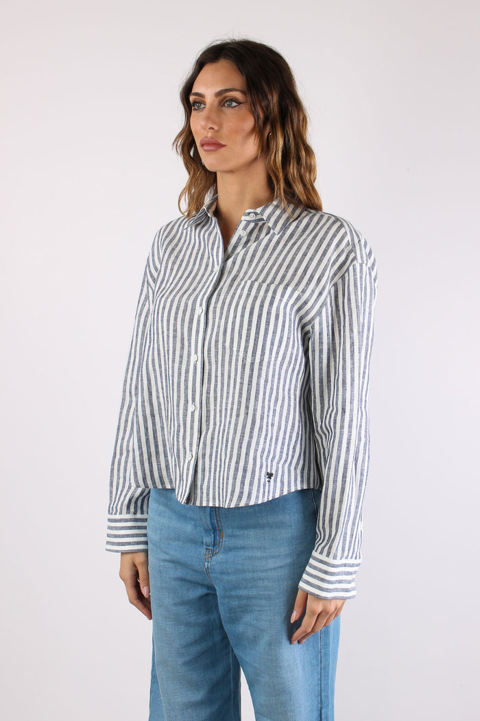 Albatro Camicia Lino Riga Tasca Bianco/blu-3