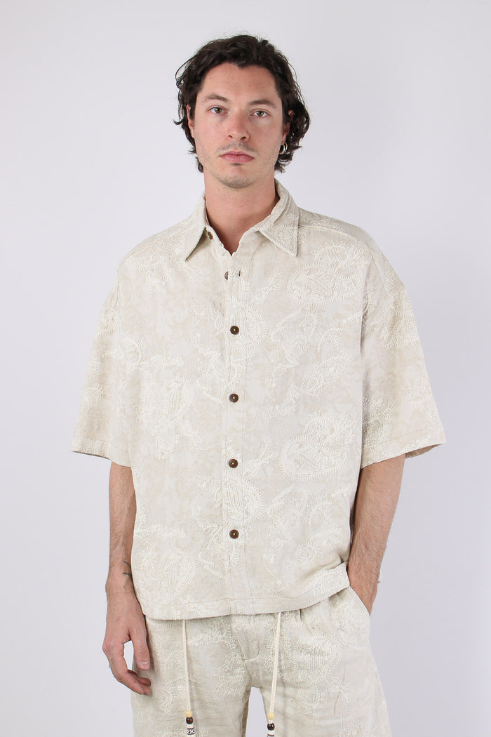 Camicia Manica Corta Ricamo Ecru-2