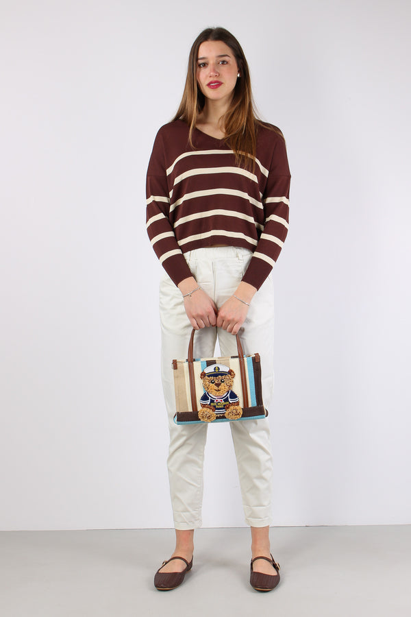 Maglia Scollo V Righe Moro/panna