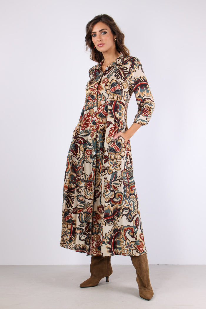 Abito Lungo Viscosa Fantasia Ottanio/bordeaux-9