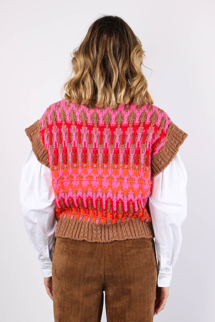 Gilet Smanicato Multicolor Cammello/fucsia-3