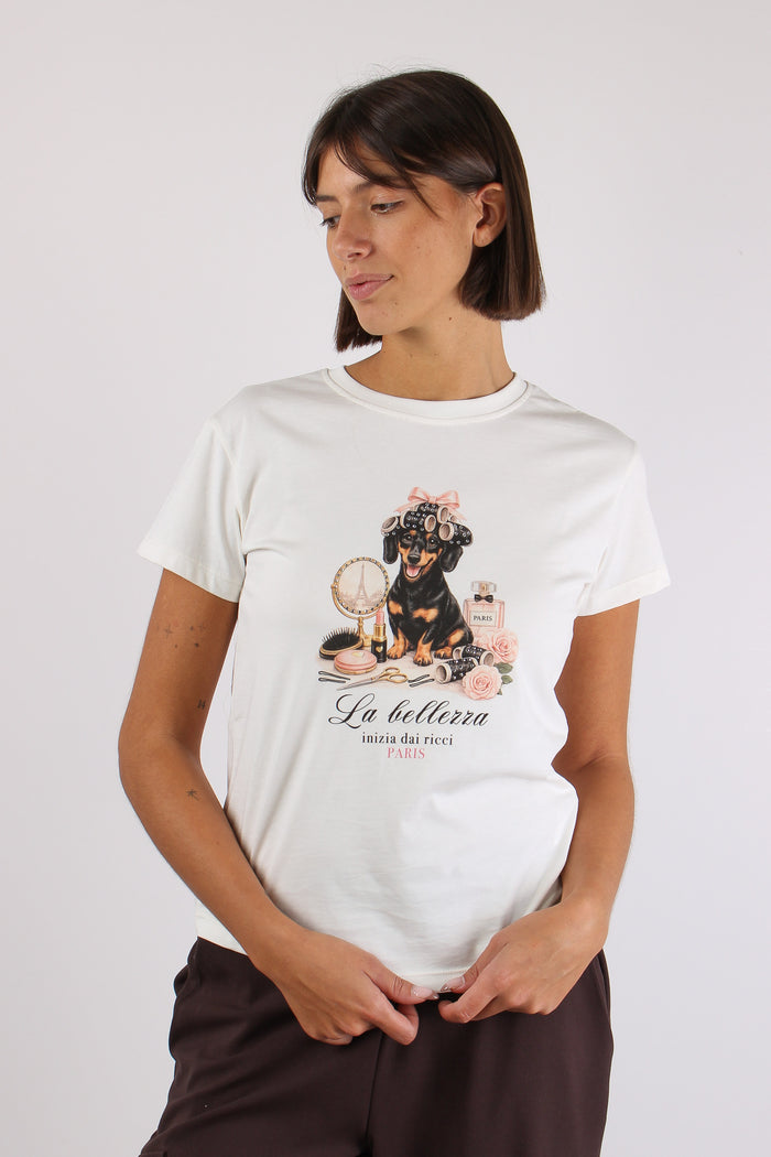 T-shirt Stampa Bassotto Strass Bianco-2