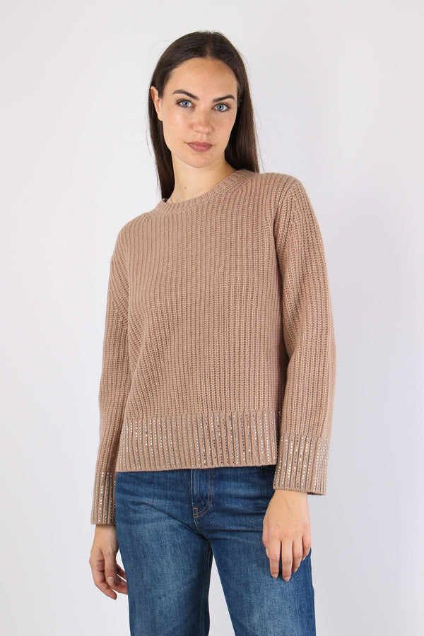 Maglia Girocollo Fondo Strass Cammello