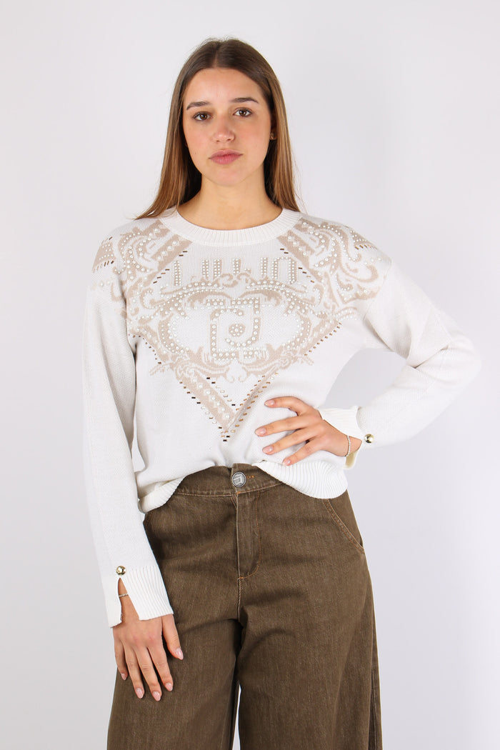 Maglia Inserto Perle Logo Bianco Latte-3