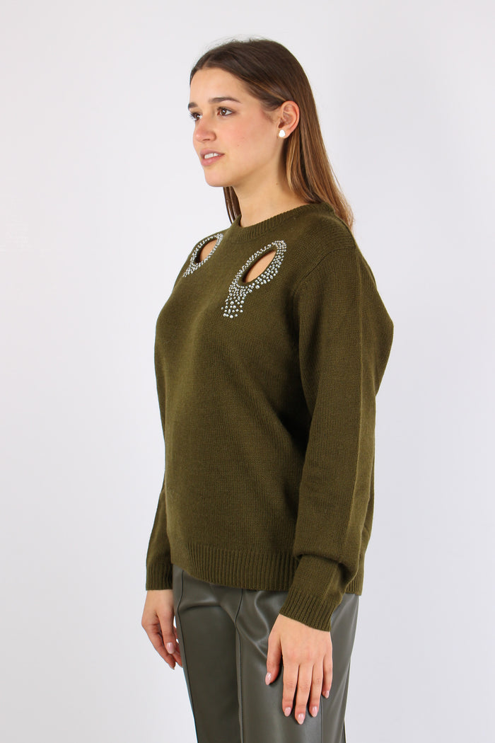 Maglia Aperture Davanti Strass Military Green-9