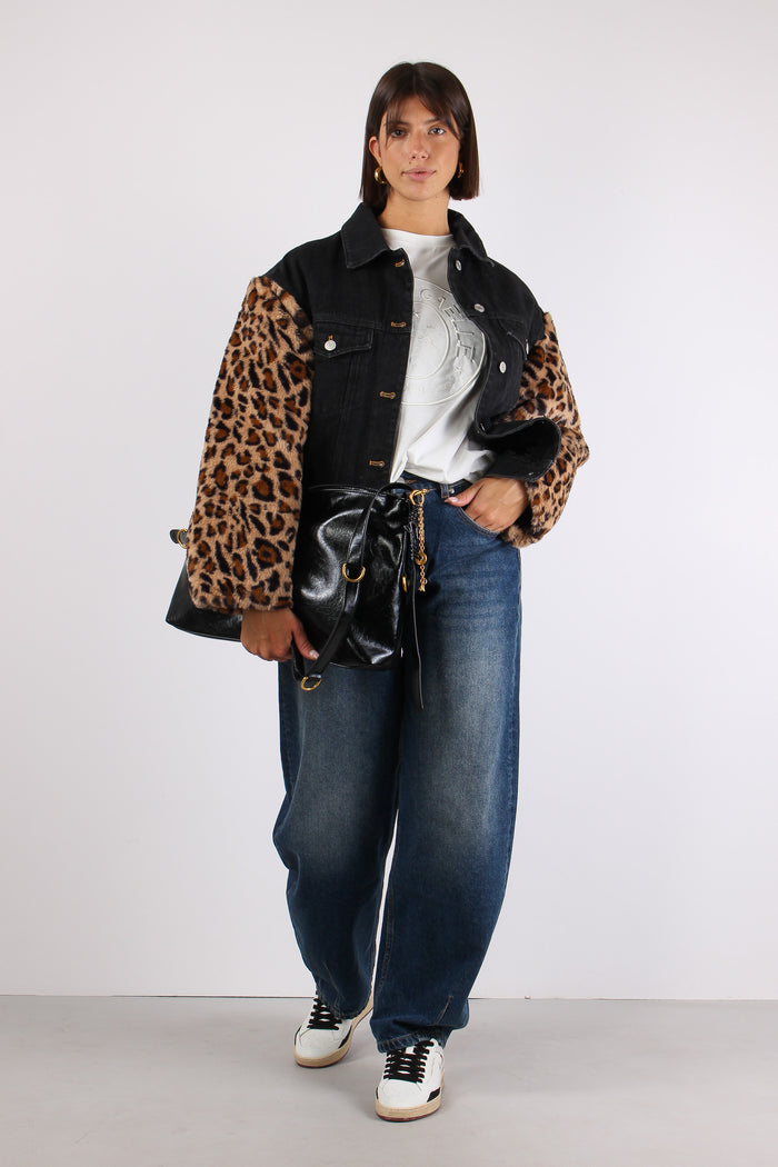 Giubbotto Denim Manica Pelliccia Nero