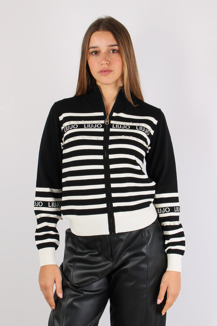 Maglia Zip Riga Inserto Perle Nero/bianco-2