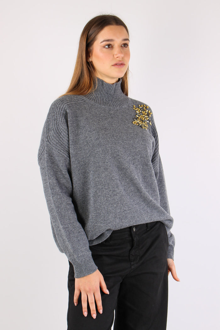 Maglia Collo Alto Applicazioni Grigio Melange-7