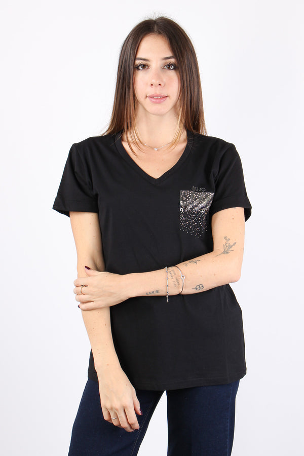 T-shirt Scollo V Taschino Stra Nero/strass