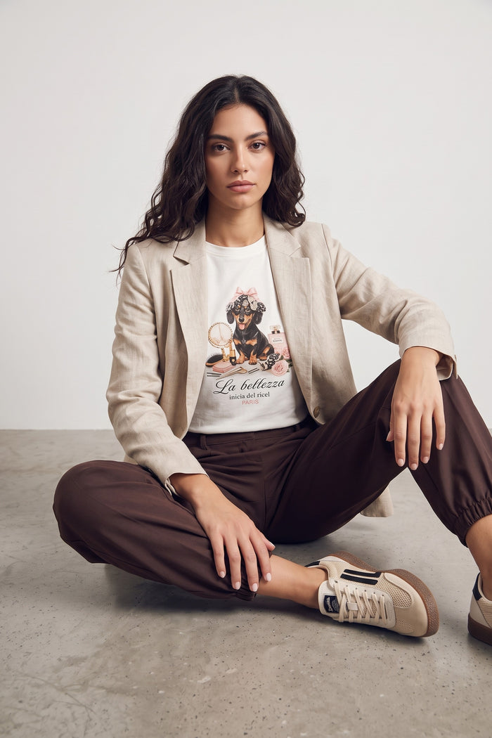 T-shirt Stampa Bassotto Strass Bianco