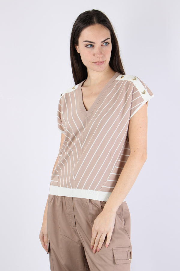 Maglia Scollo V Bottoni Riga Almond/white-2