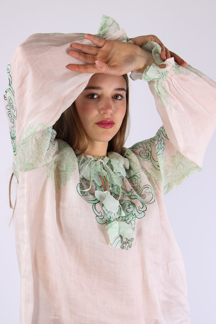 Camicia Lino Fantasia Inserto Nappine Crema/verde-6