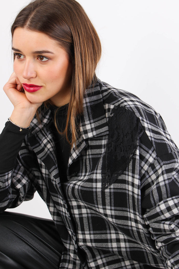 Camicia Quadri Inserto Pizzo Panna/nero-4