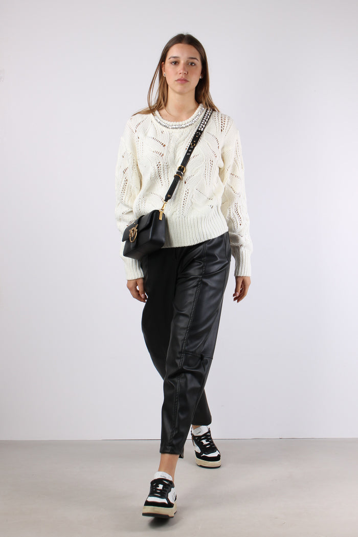 Maglia Slim Inserto Strass Bianco Lana-5