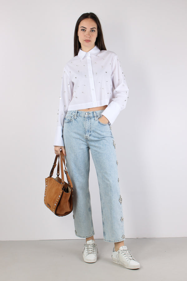 Camicia Corta Inserto Strass Bianco Ottico