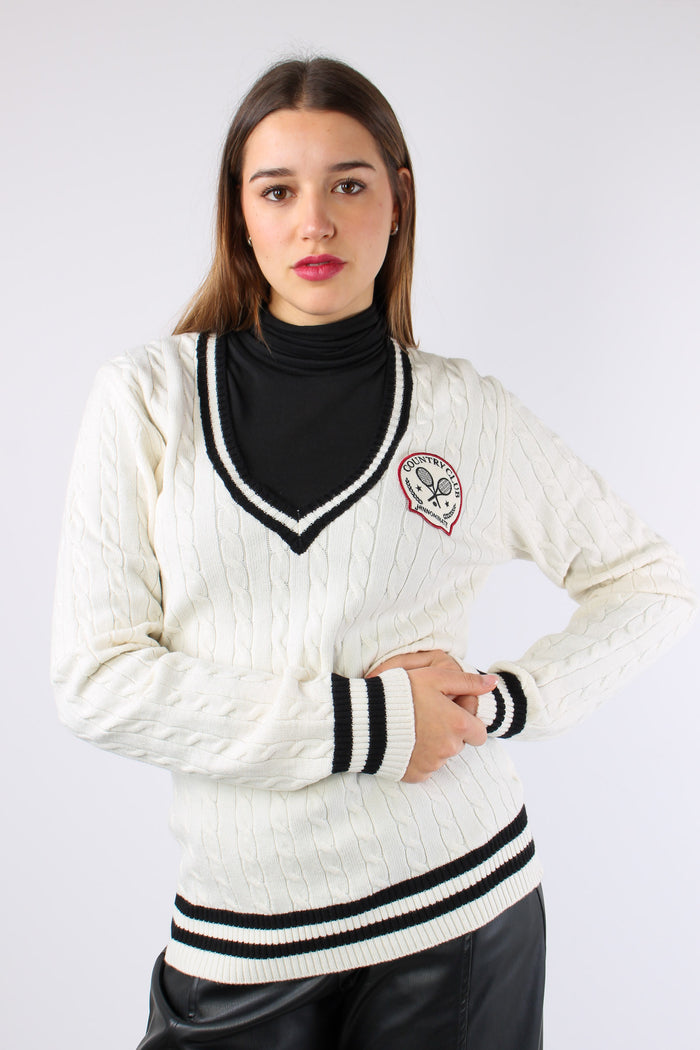 Maglia Treccia Scavo V Bianco Burro-8