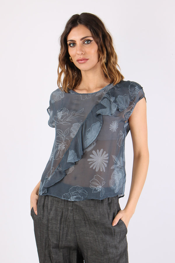 Blusa Rouches Stampa Fiori Blu/fiori-2