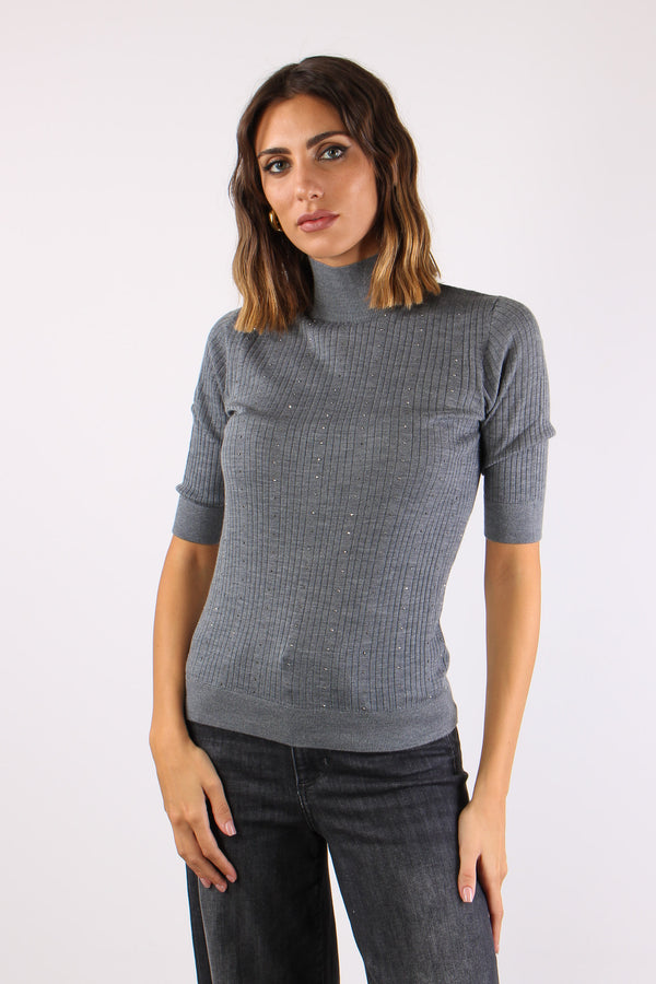 Collo Alto Strass 100% Lana Grigio Melange-2