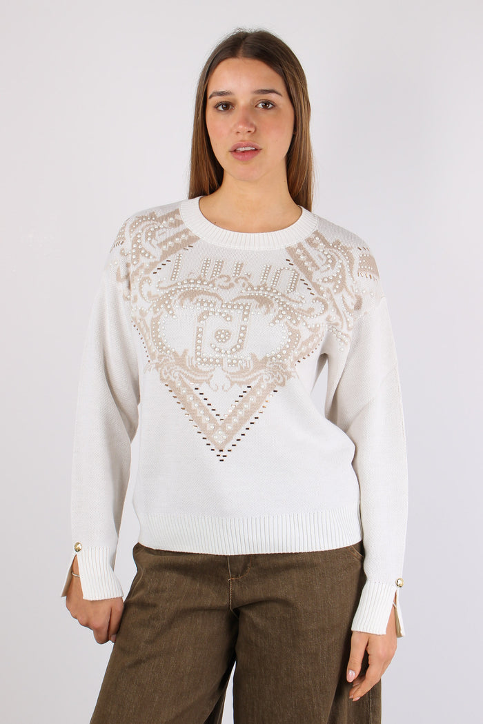 Maglia Inserto Perle Logo Bianco Latte-9