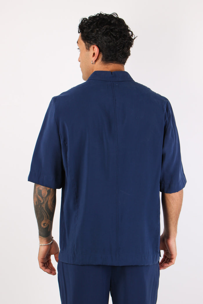 Banana Camicia Tasche Cupro Blu-5