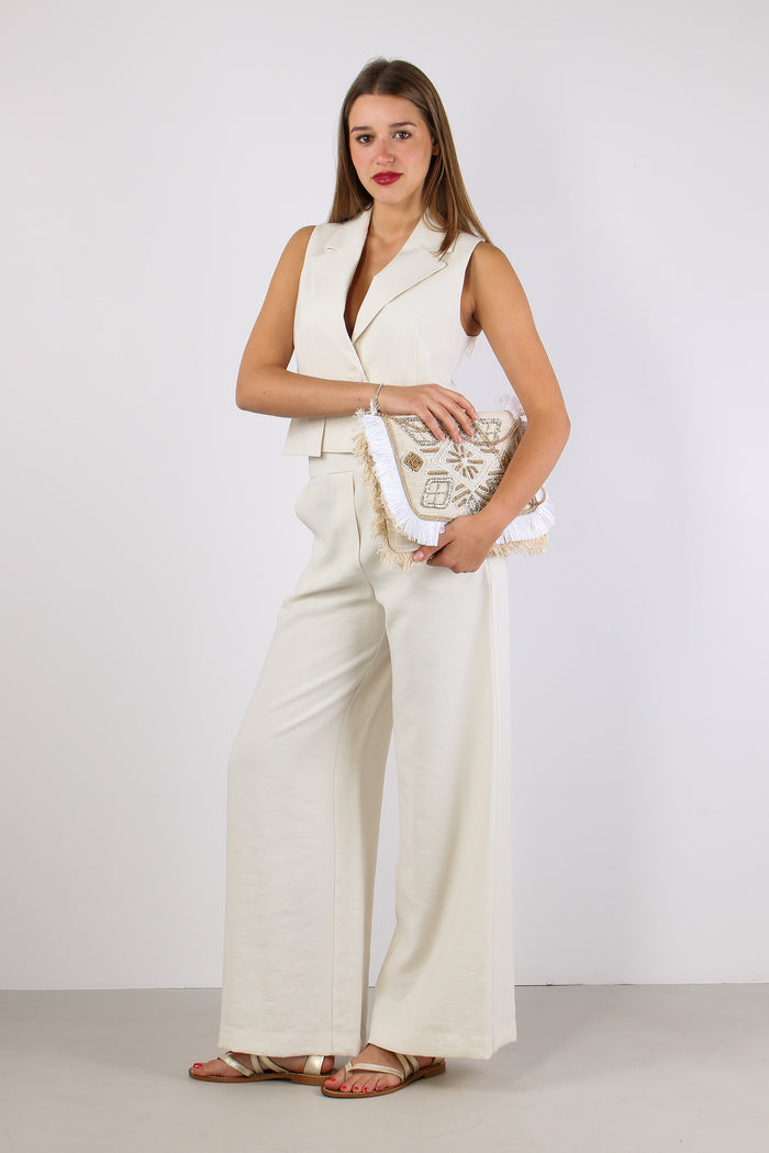 Gilet Cropped Misto Viscosa Panna-5