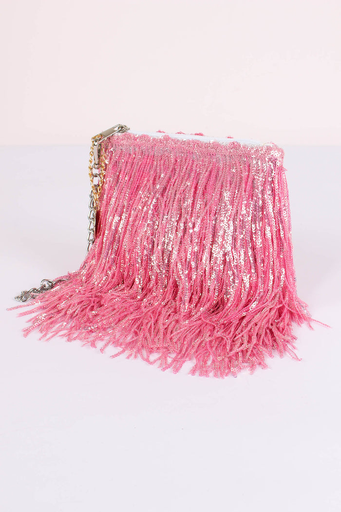 Pochette Paillettes Frange Pink-4