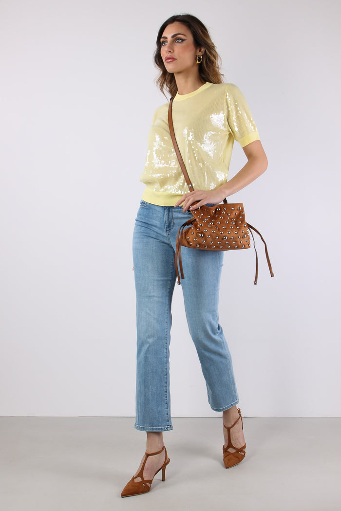 Jeans Slim Tasche Strass Denim Chiaro-3