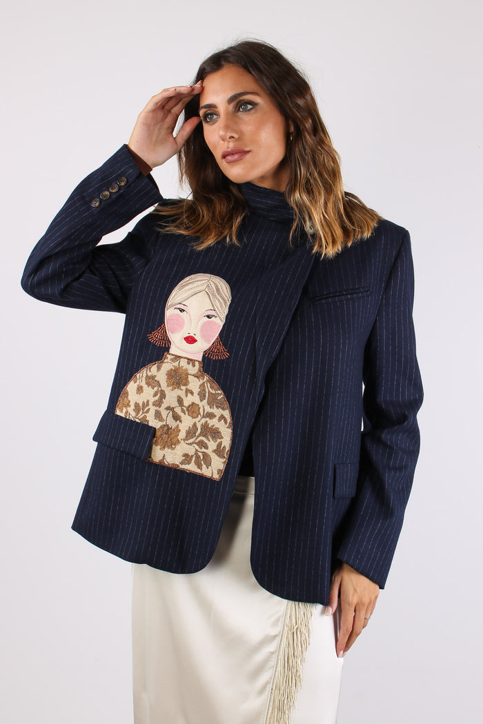 Giaccca Gessata Patch Donna Blu-3