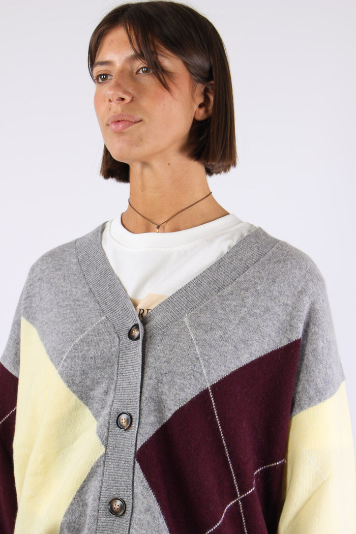 Cardigan 100% Lana Rombi Grigio/bordeaux/olio-7