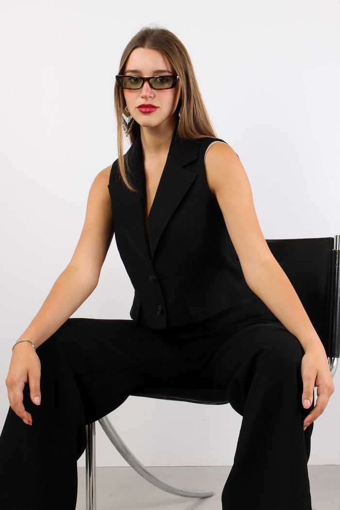 Gilet Cropped Misto Viscosa Nero-3