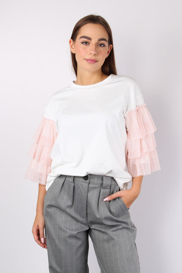 T-shirt Over Manica Tulle Bianco/rosa