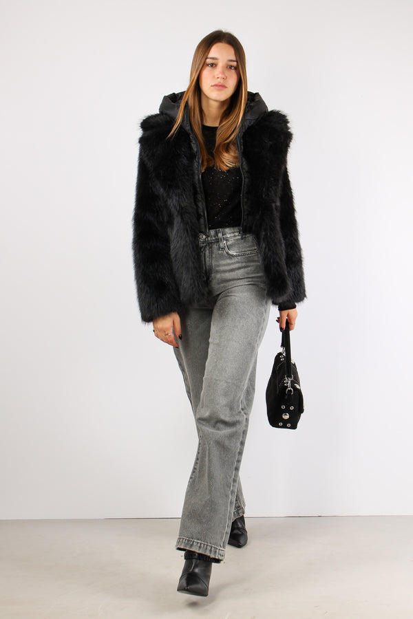 Giubbotto Pelliccia Cappuccio Black