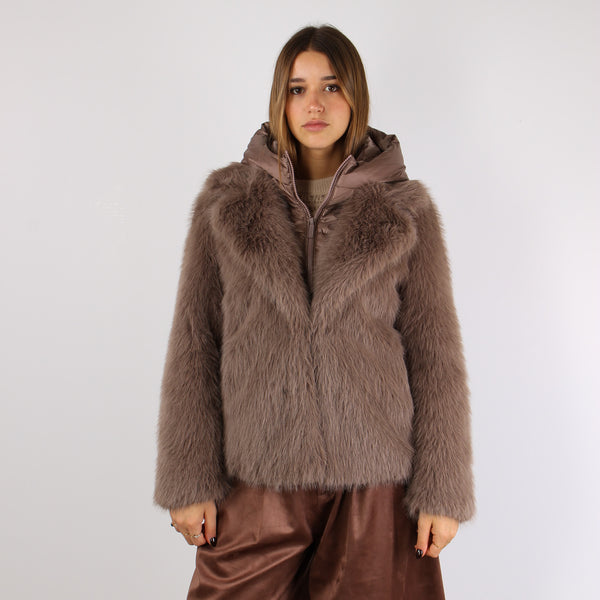 Giubbotto Pelliccia Cappuccio Taupe-2