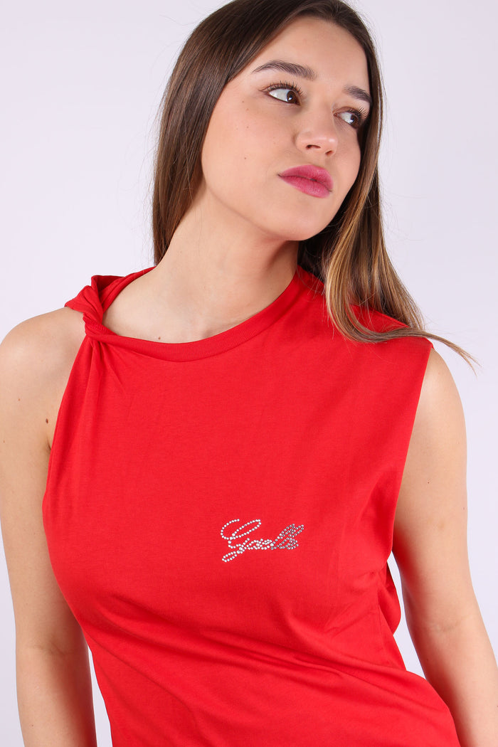T-shirt Asimmetrica Logo Stras Rosso-5