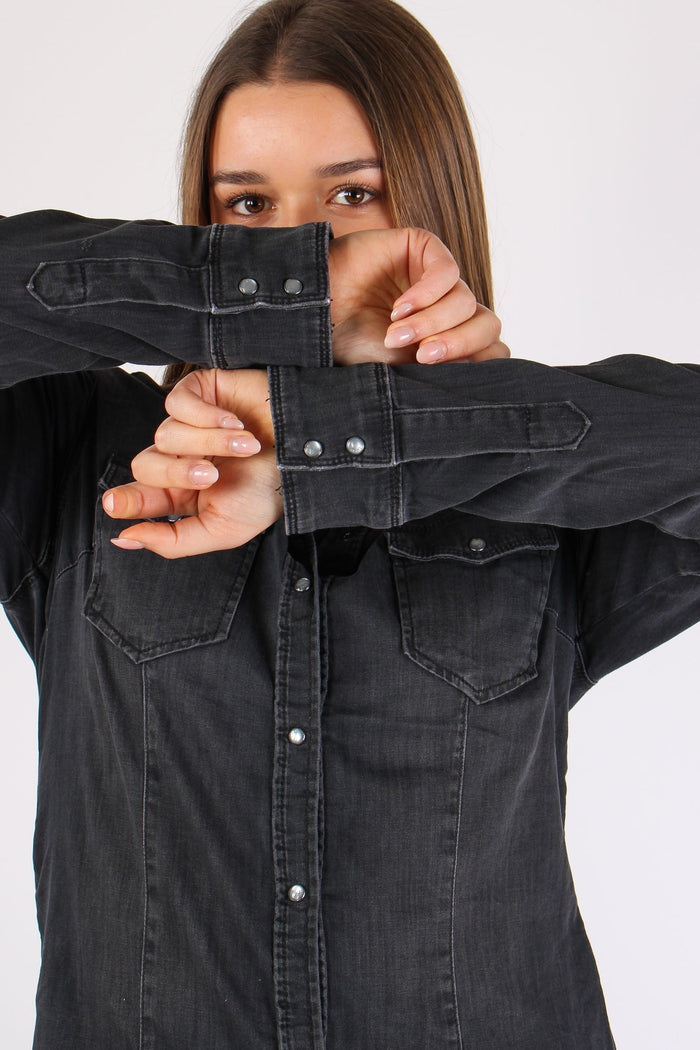 Camicia Denim Colletto Applica Denim Grigio-8
