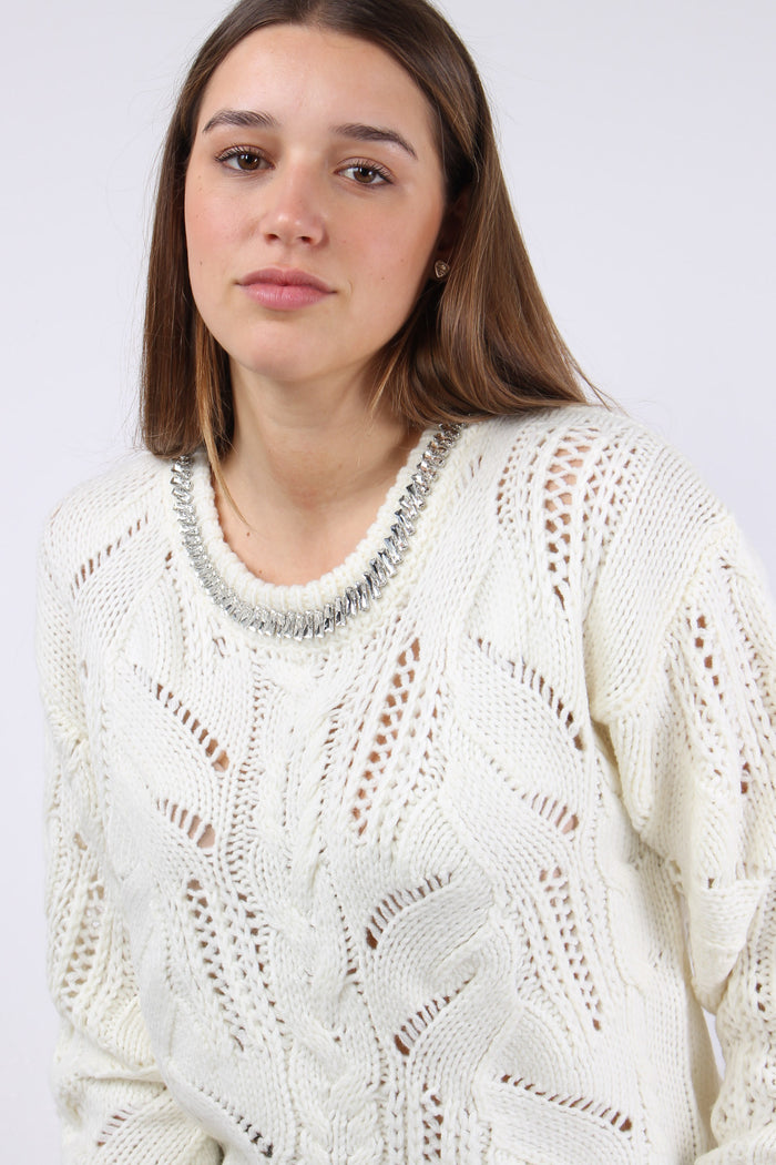 Maglia Slim Inserto Strass Bianco Lana-6