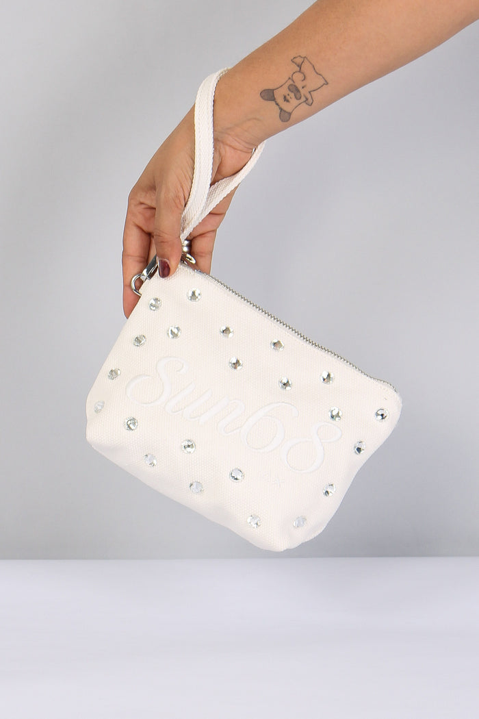 Mini Pochette Canvas Strass Bianco-7