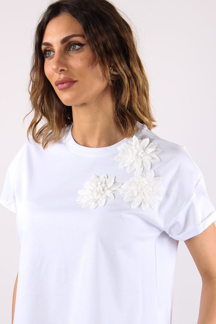 T-shirt Crop Applicazione Fior Bianco-7