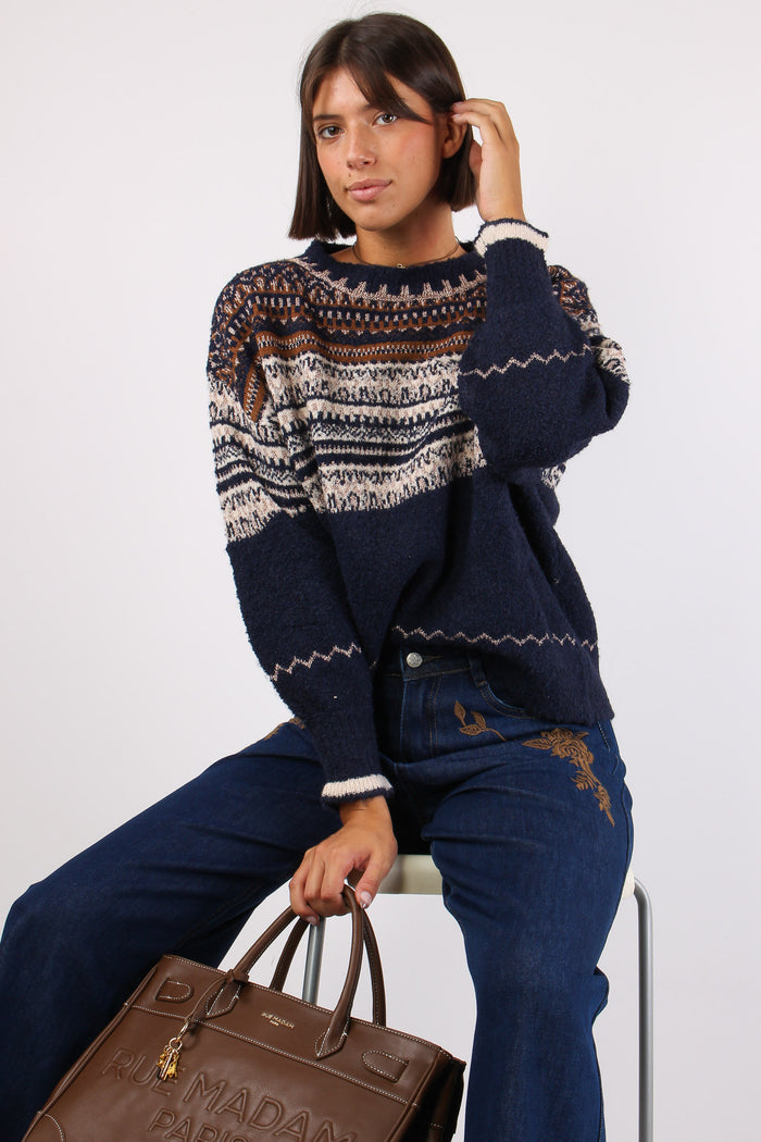 Maglia Jacquard Lurex Cammello/blu
