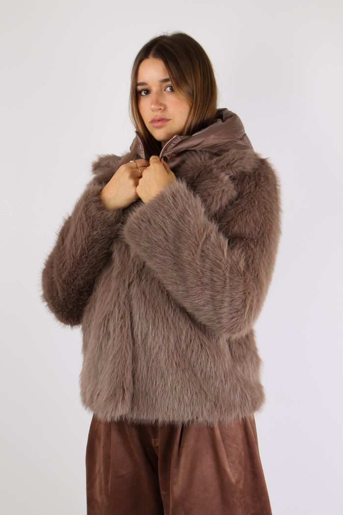 Giubbotto Pelliccia Cappuccio Taupe-8
