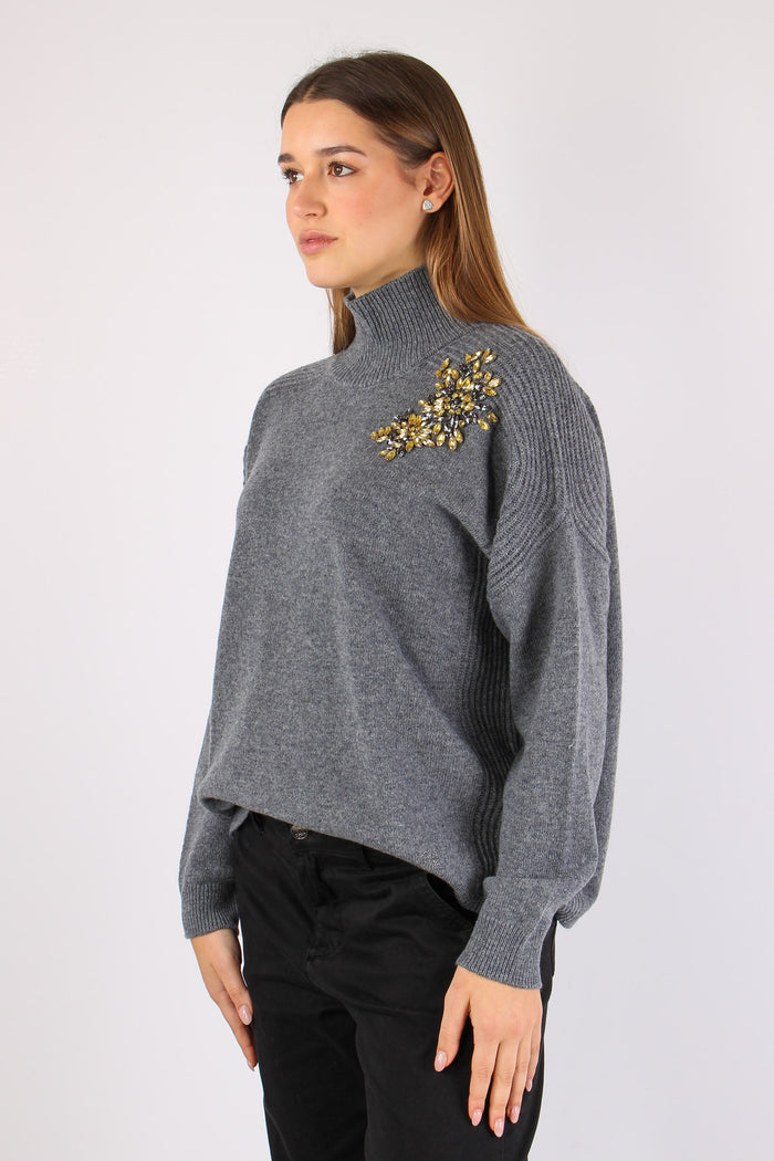 Maglia Collo Alto Applicazioni Grigio Melange-4