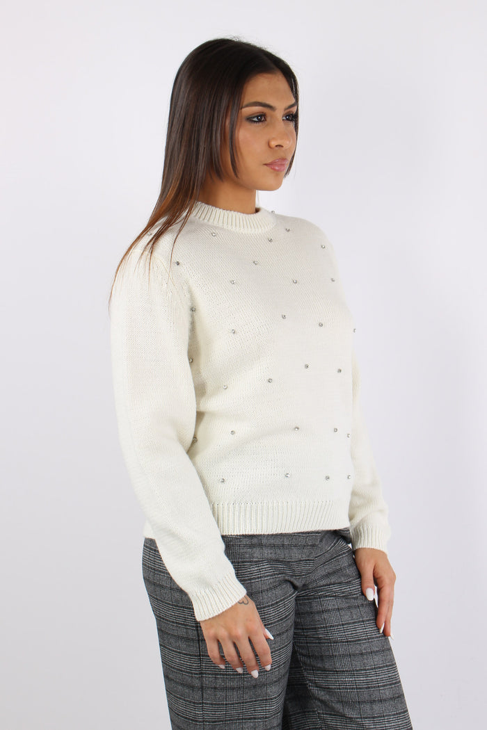 Maglia Inserto Strass Panna-7