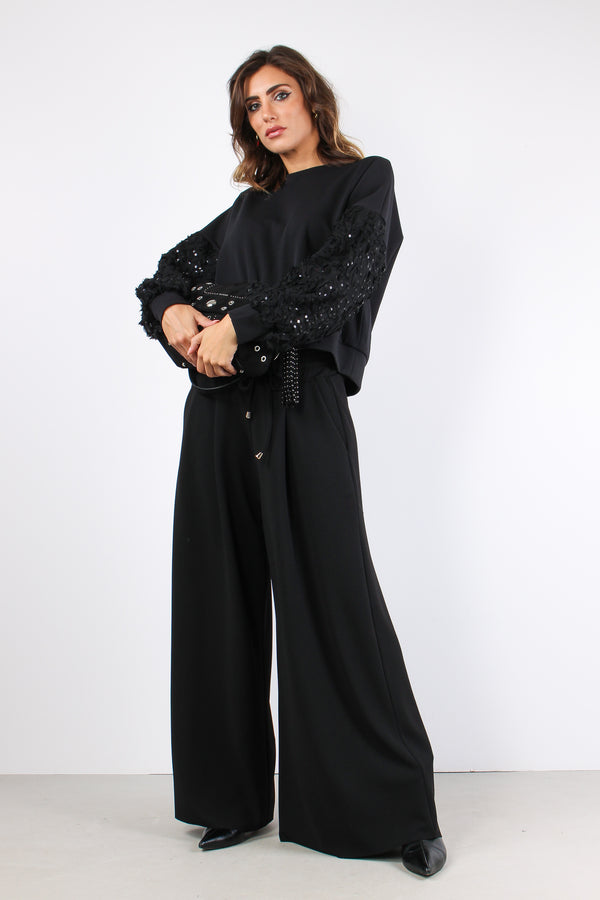 Felpa Manica Paillettes Tulle Nero