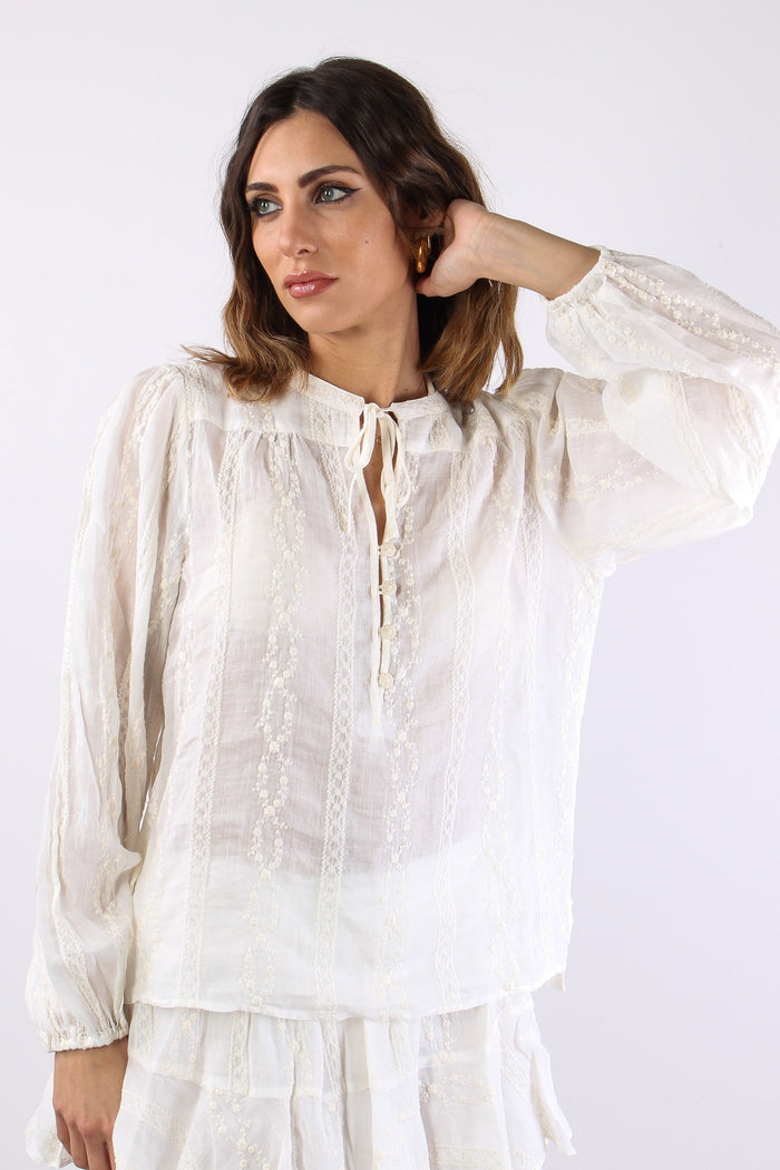 Blusa Ricami  Laccetto Collo Panna-7