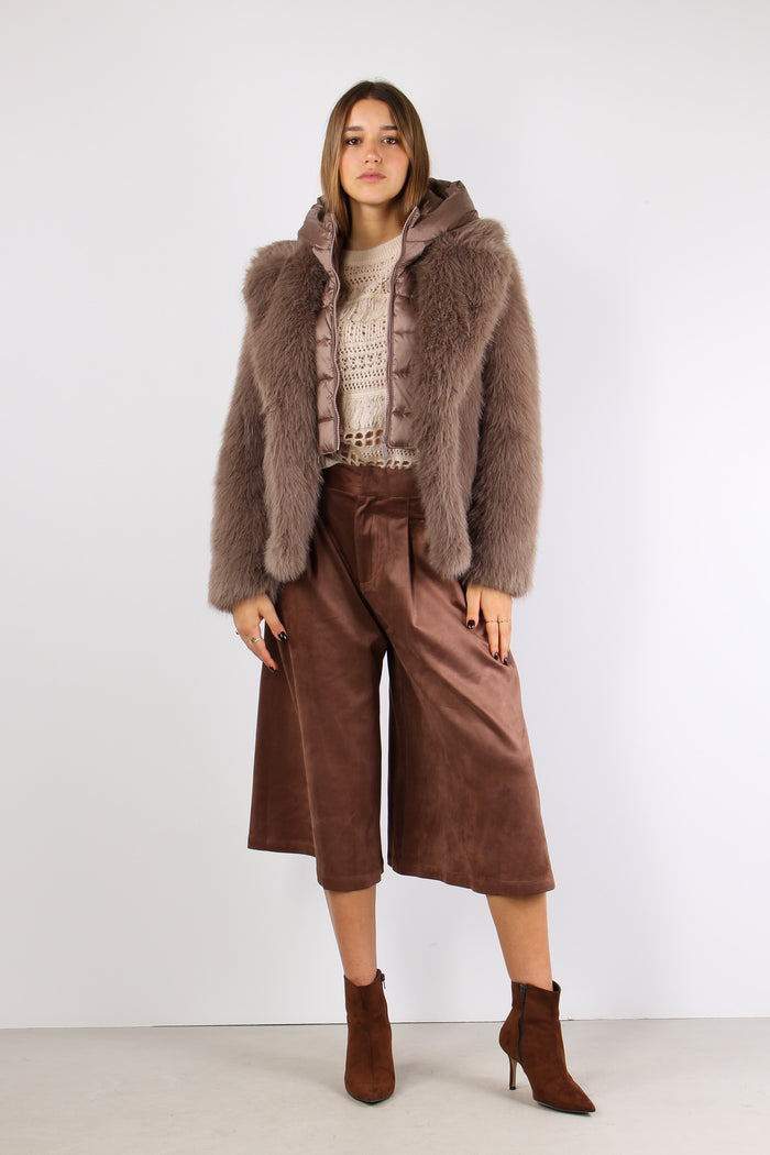 Giubbotto Pelliccia Cappuccio Taupe-7