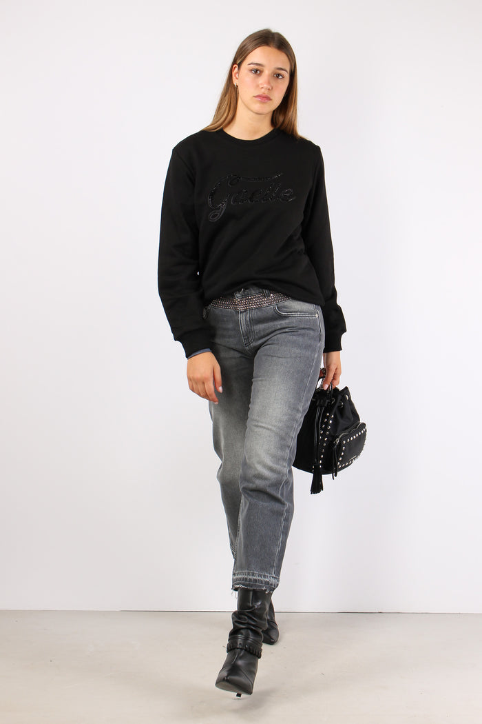 Felpa Cotone Logo Strass Nero