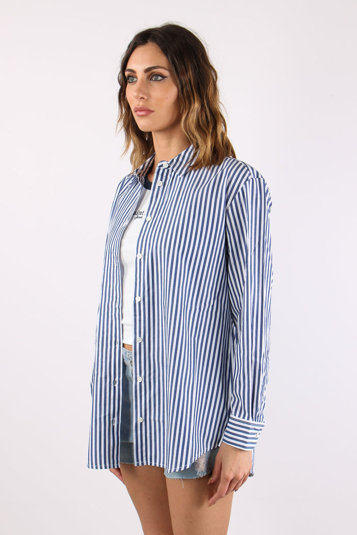 Camicia Cotone Riga Ricamo Schiena Bianco/blu-3